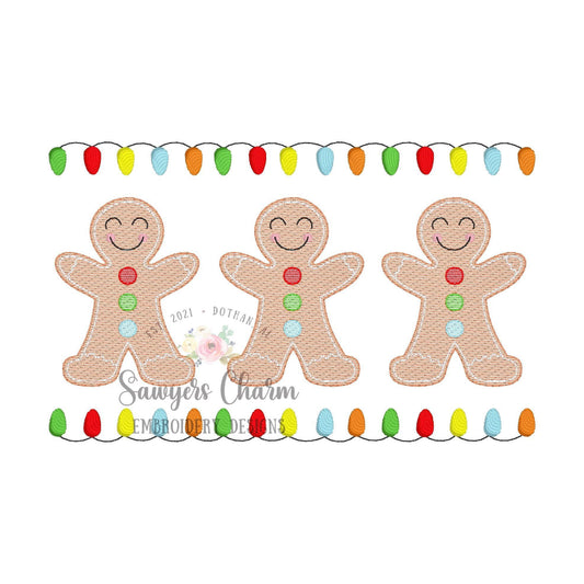Gingerbread cookies with lights trio sketch stitch machine embroidery design file, HO HO HO, Merry Christmas, happy holidays, baking cooking