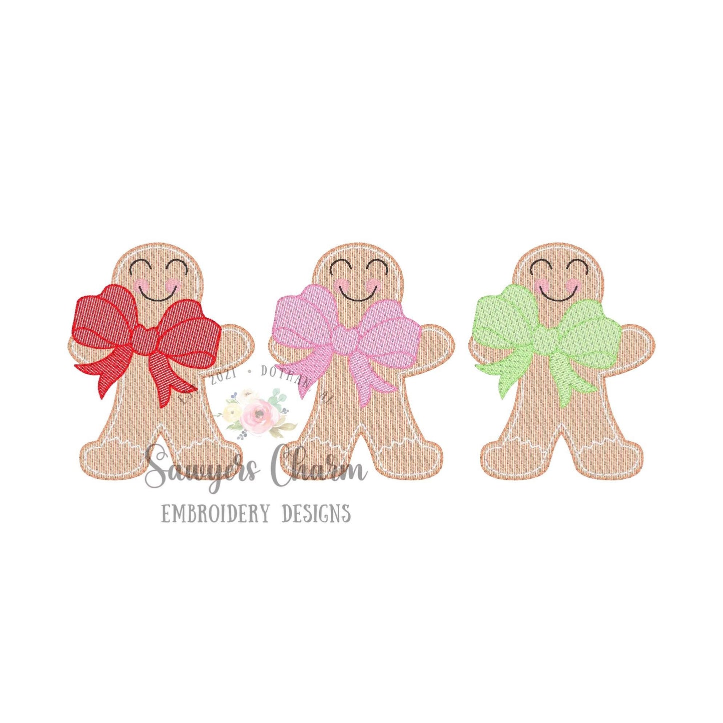 Gingerbread cookies with bow trio sketch stitch machine embroidery design file, Merry Christmas, happy holidays, baking cooking, coquette