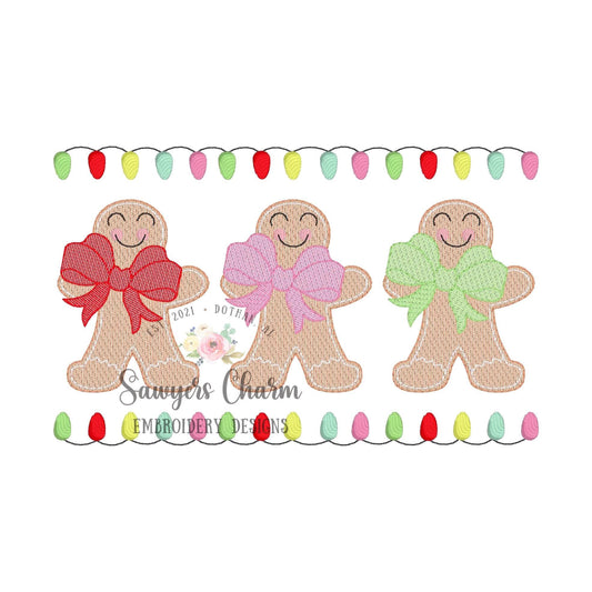 Gingerbread cookies with bows AND lights trio sketch stitch machine embroidery design file, Merry Christmas, happy holidays, coquette baker