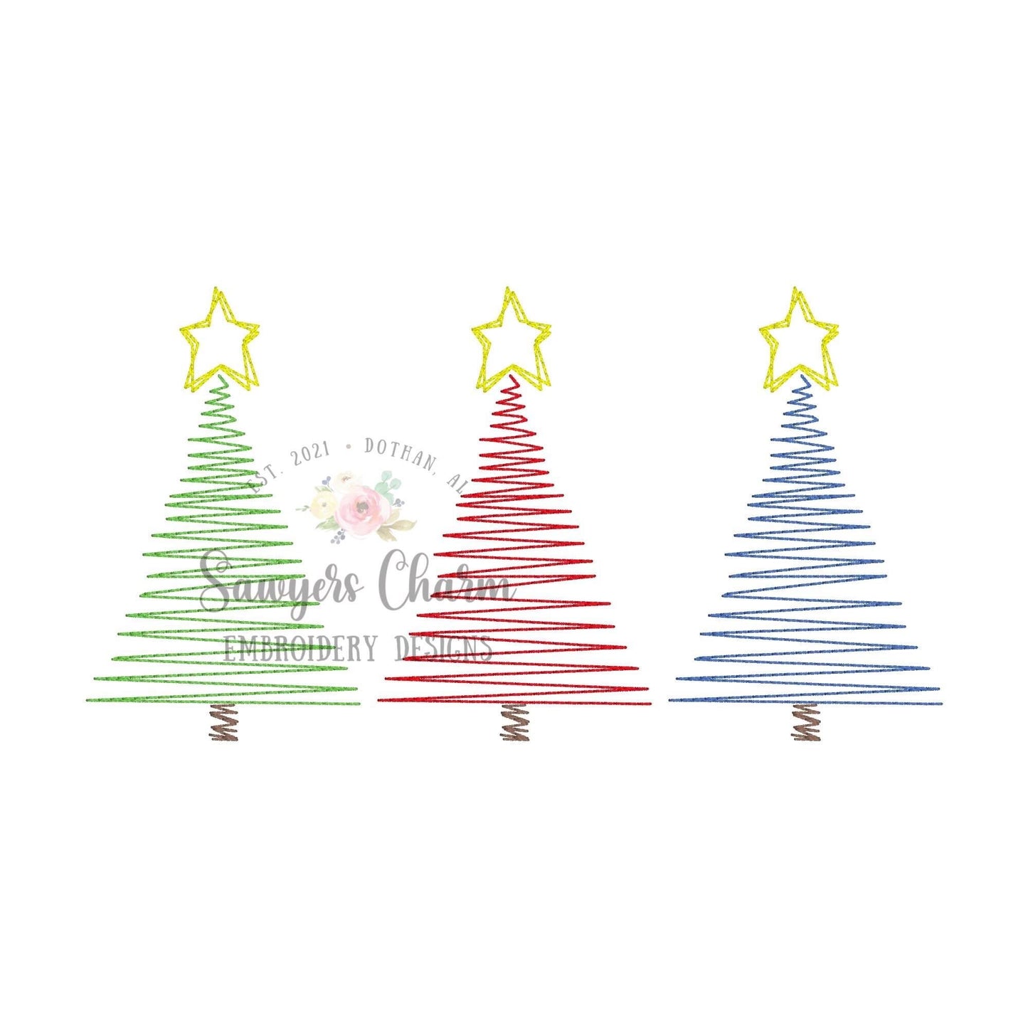 BUNDLE Christmas trees trio with bows & star bean stitch machine embroidery design file, quick stitch, happy holidays, merry christmas, boho