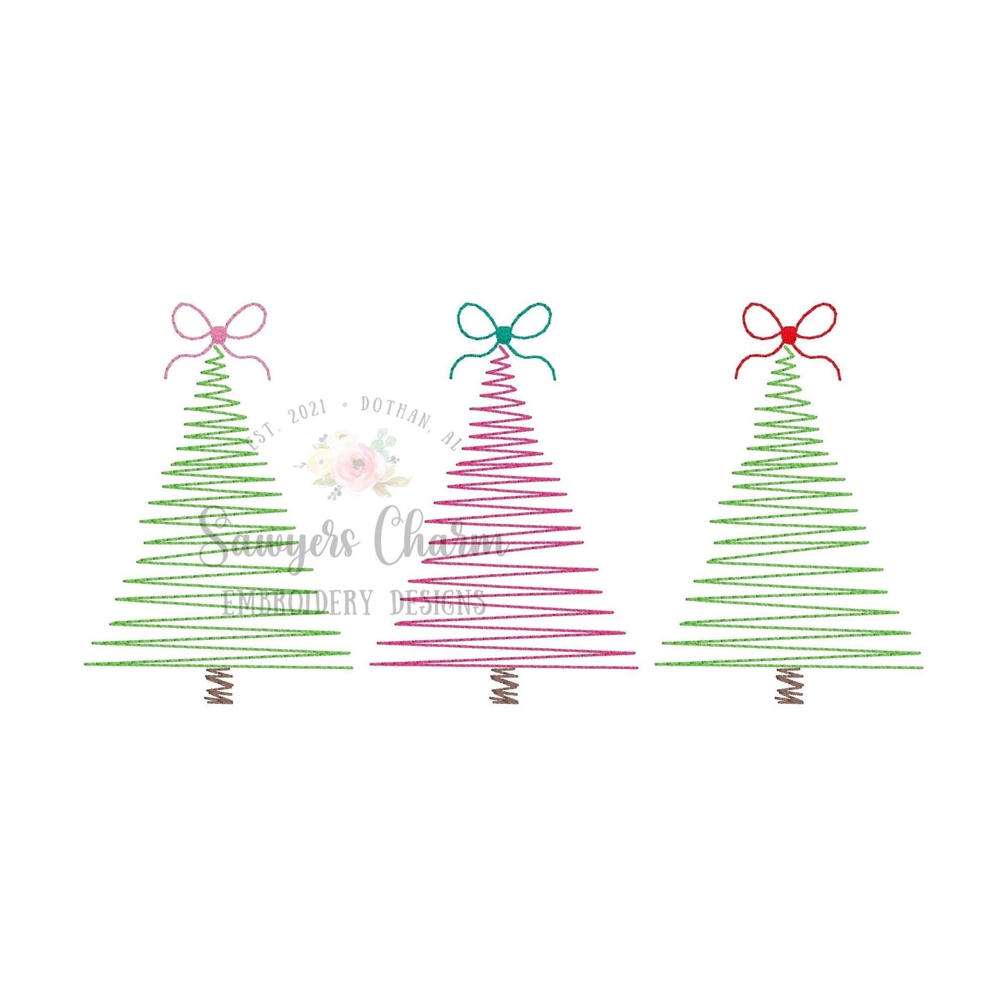 BUNDLE Christmas trees trio with bows & star bean stitch machine embroidery design file, quick stitch, happy holidays, merry christmas, boho