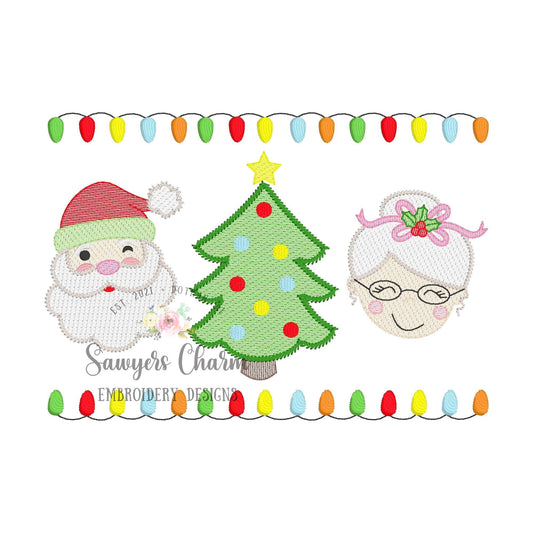 Santa/Christmas tree/Mrs. Claus trio with lights border sketch stitch machine embroidery design file, HO HO HO, merry, happy holidays
