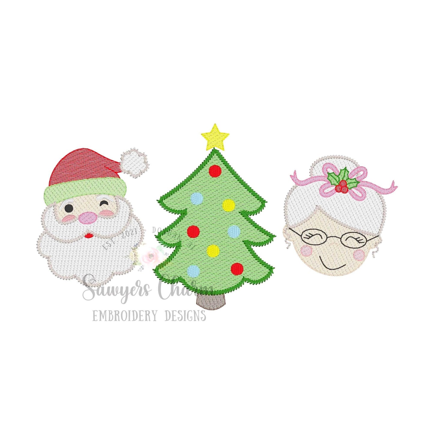 Santa/Christmas tree/Mrs. Claus trio sketch stitch machine embroidery design file, HO HO HO, merry, happy holidays, holly berries, bow
