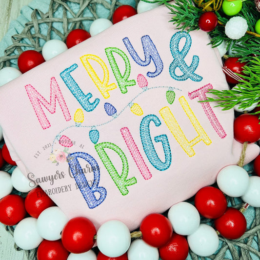 Merry & Bright with one strand of lights sketch stitch machine embroidery design file, quick stitch, Christmas, happy holidays, holly jolly