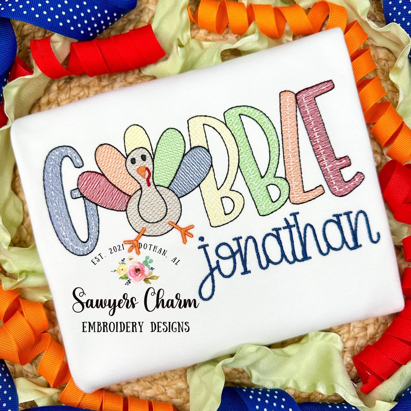 GOBBLE Turkey sketch stitch embroidery design file, fall, thanksgiving, quick stitch, bean stitch details