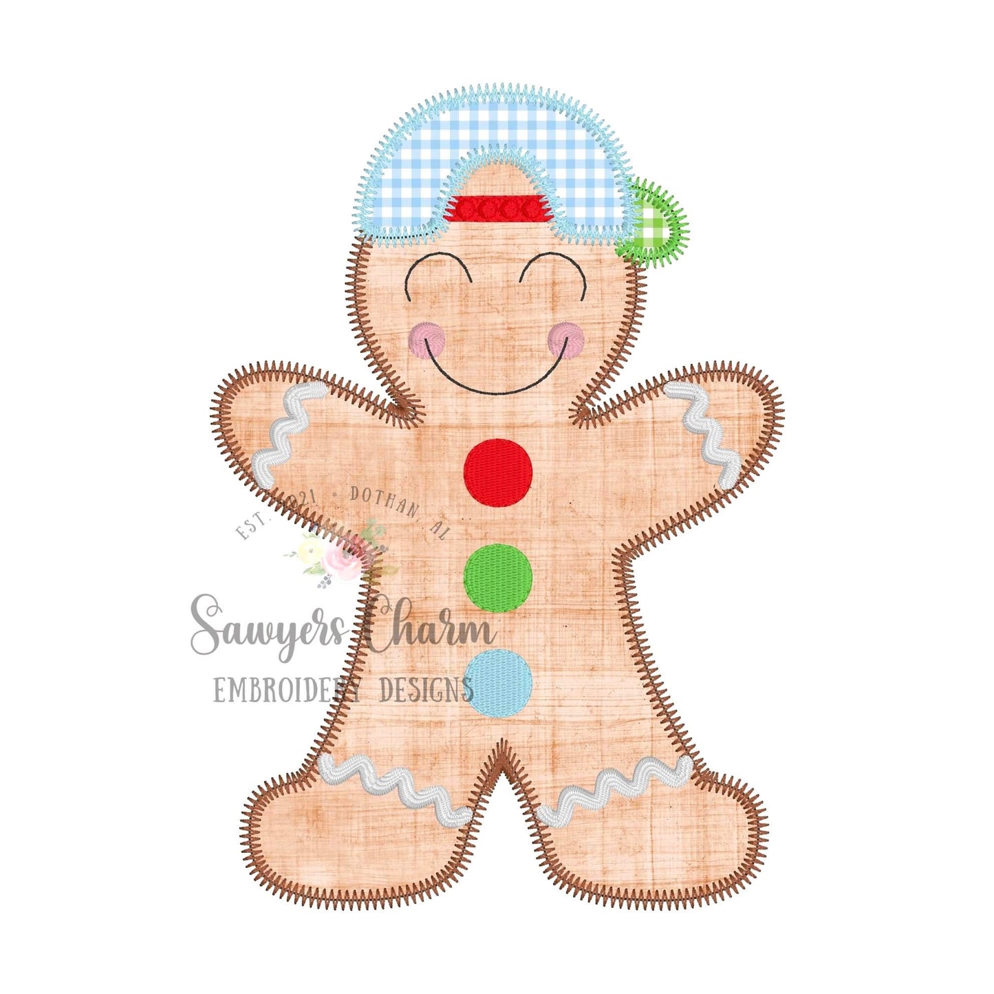 BUNDLE Gingerbread boy with hat/cap bean stitch, zig zag & satin, machine applique design embroidery file, quick stitch, Christmas cookie