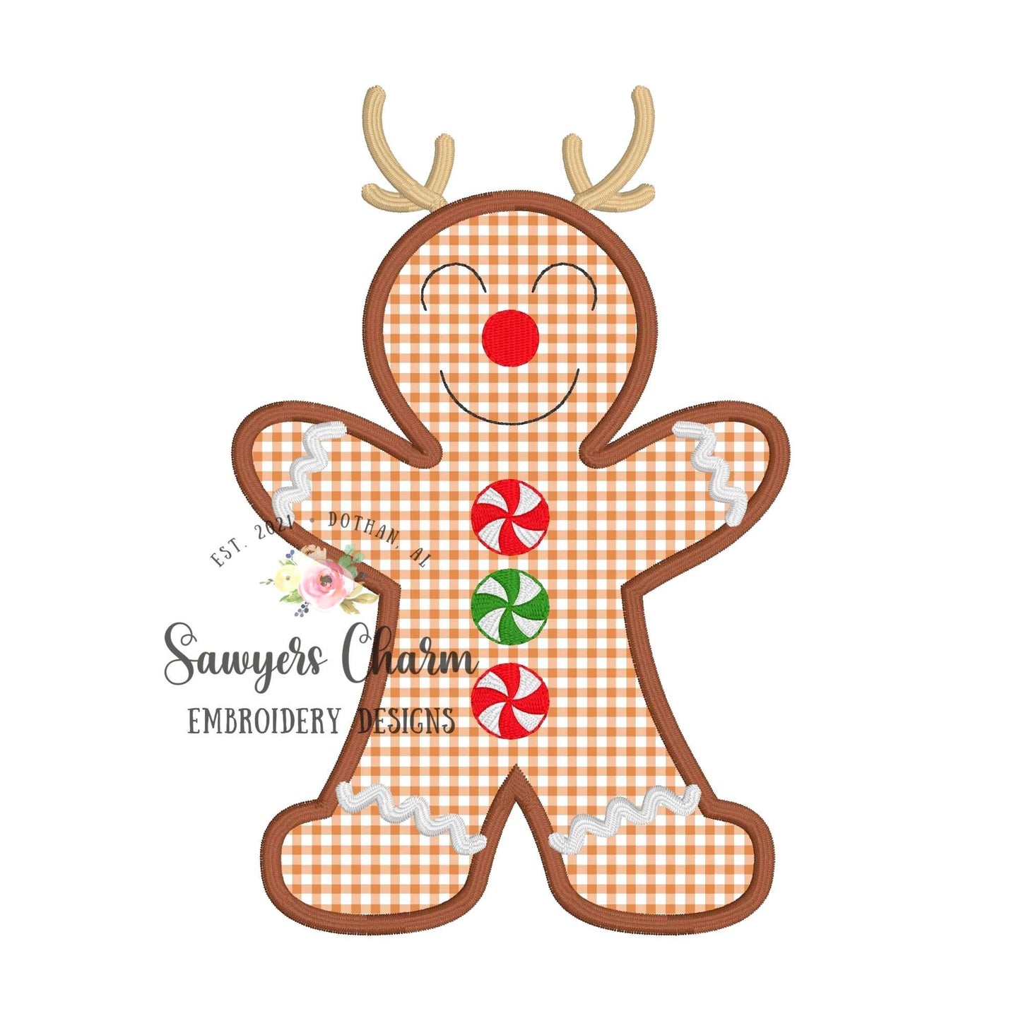 BUNDLE Gingerbread with reindeer antlers & peppermints bean/zig zag/satin stitch machine applique design embroidery file, Christmas cookie