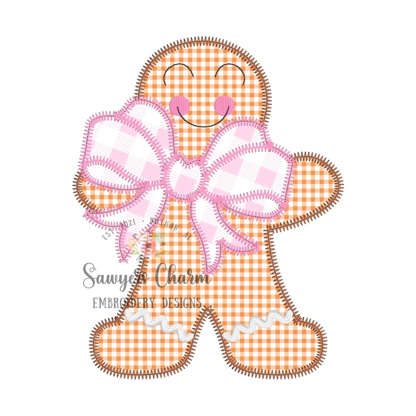BUNDLE Gingerbread girl with bow bean stitch, zig zag & satin stitch machine applique design embroidery file, Christmas cookie, quick stitch