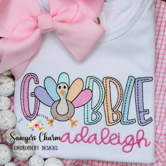 GOBBLE Turkey sketch stitch embroidery design file, fall, thanksgiving, quick stitch, bean stitch details