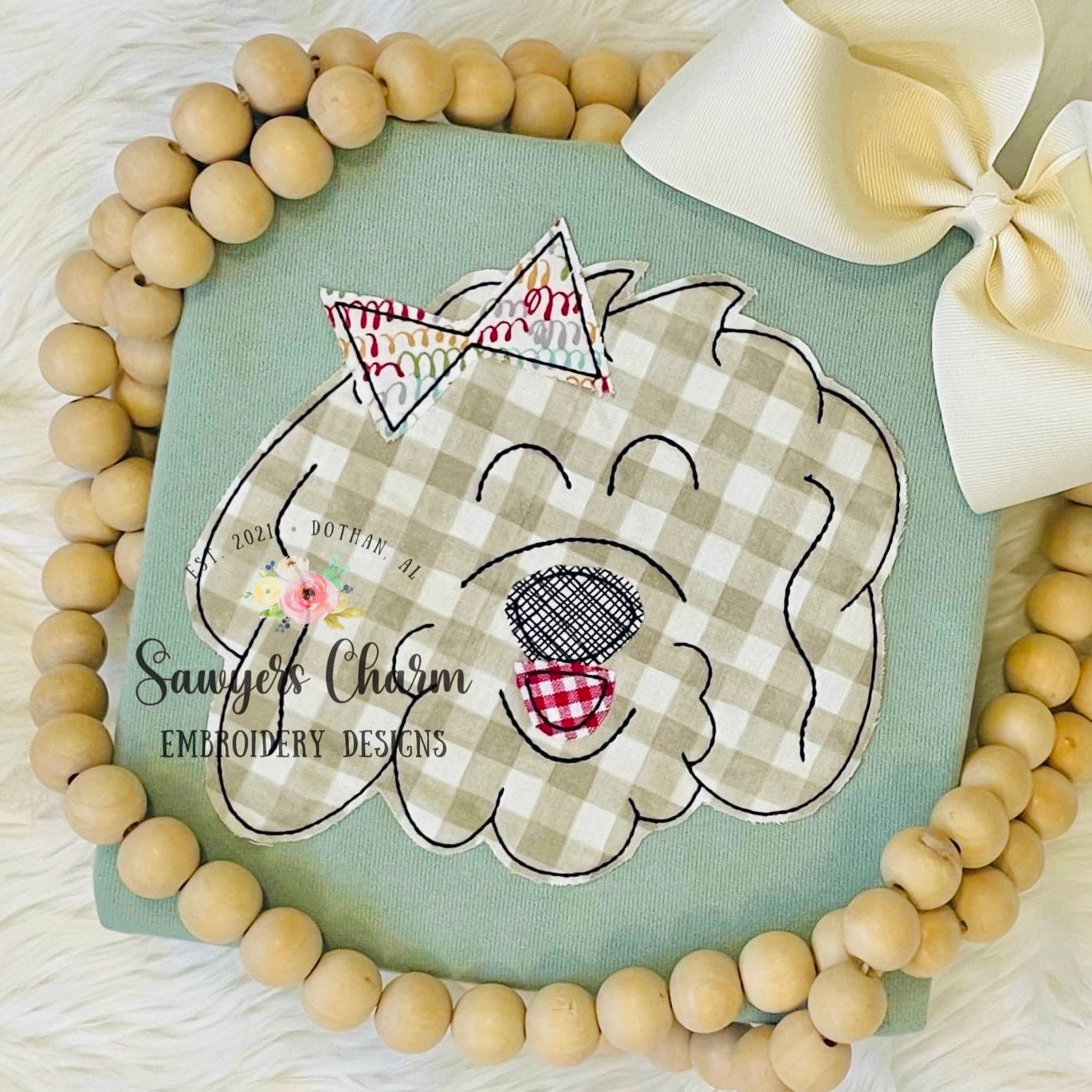 Golden doodle with bow bean stitch machine applique embroidery design file, labradoodle, puppy dog, quick stitch