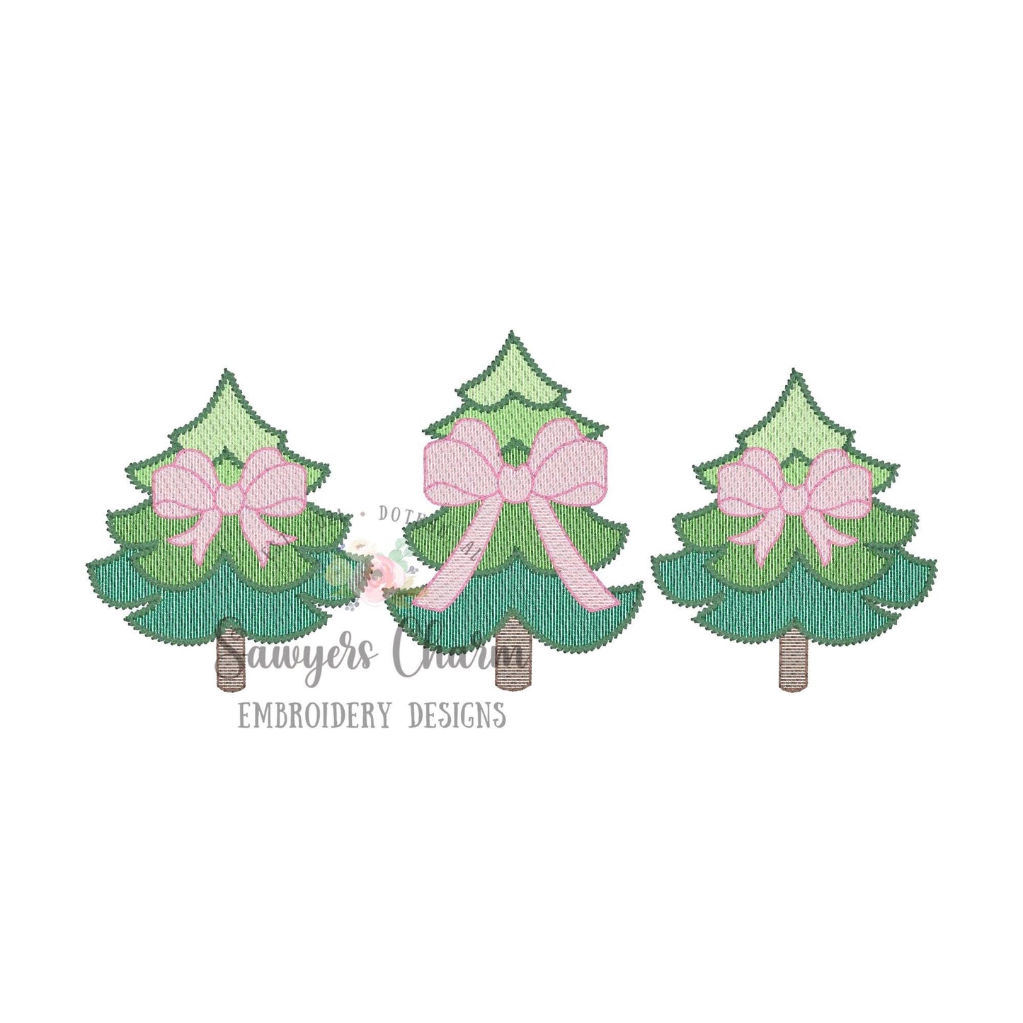 Whimsy Christmas trees with bows sketch stitch trio, machine embroidery design file, quick stitch, holidays, bean stitch details, woodland