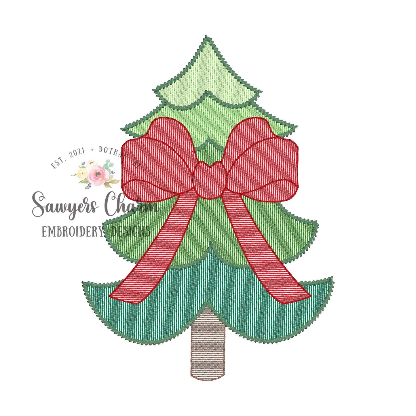 Tall whimsy Christmas tree with bow sketch stitch machine embroidery design file, quick stitch, holidays, bean stitch details, woodland boho