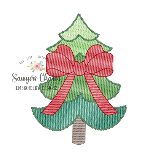Tall whimsy Christmas tree with bow sketch stitch machine embroidery design file, quick stitch, holidays, bean stitch details, woodland boho