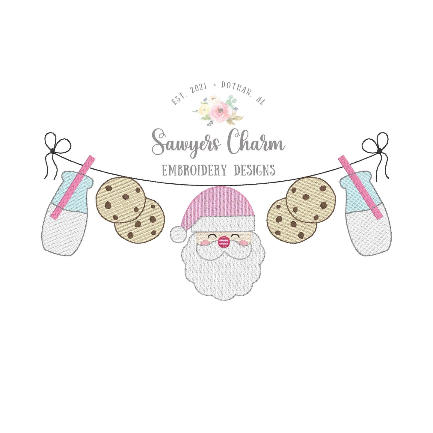 BUNDLE Santa Claus milk & cookies bunting banner with and without bow sketch stitch machine embroidery file, Happy holidays, Merry Christmas