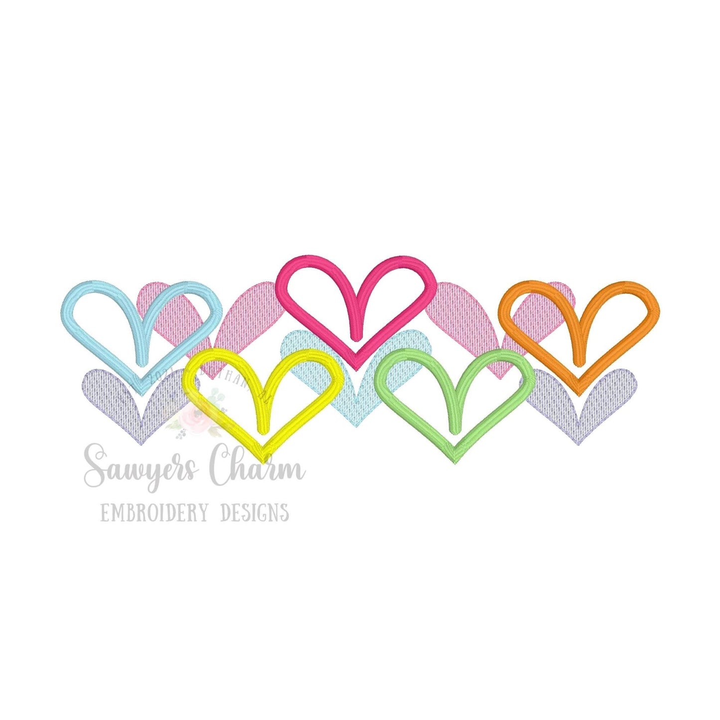 Overlapping hearts sketch stitch and satin stitch machine embroidery design file, quick stitch, Valentine's Day, love