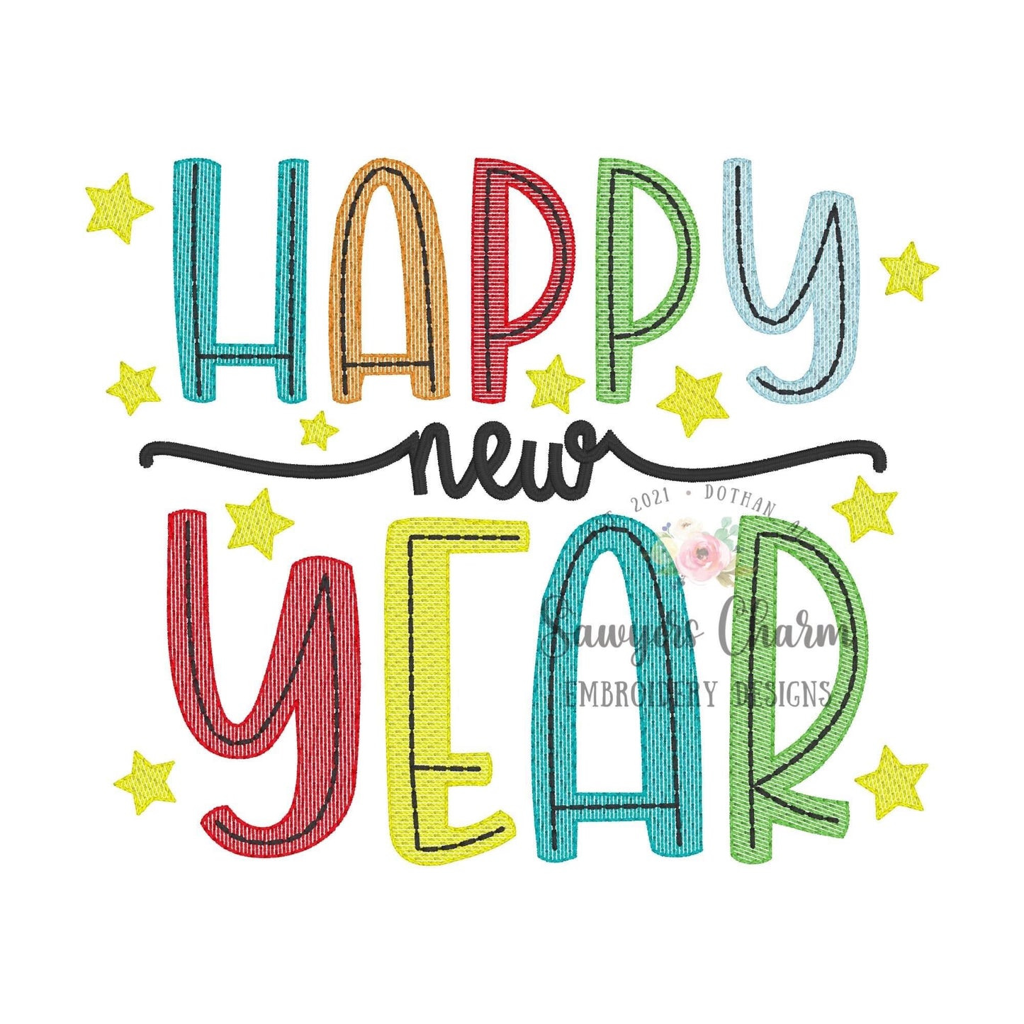 Happy New Year with stars light fill sketch stitch machine embroidery design file, quick stitch, happy holidays, bean stitch details
