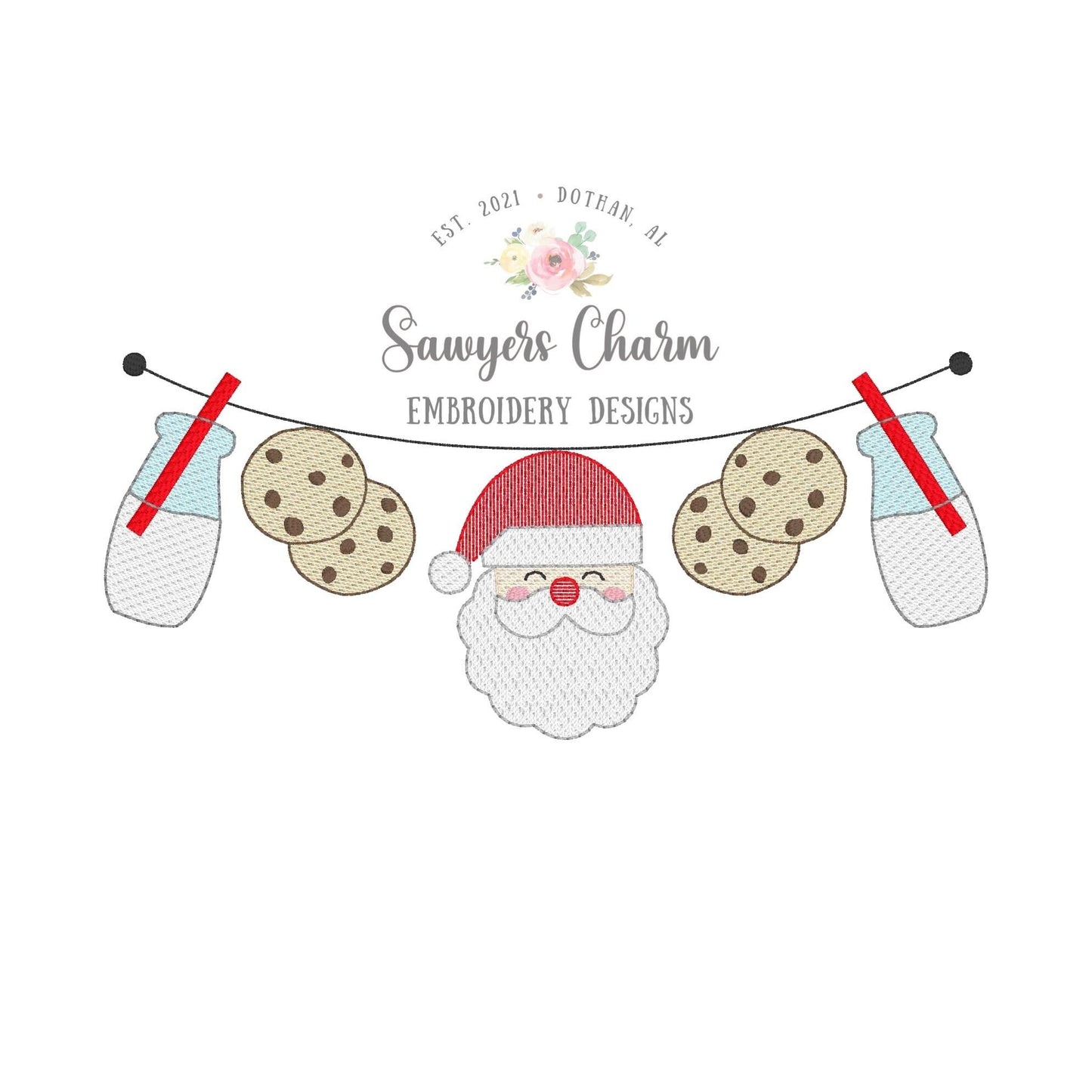 BUNDLE Santa Claus milk & cookies bunting banner with and without bow sketch stitch machine embroidery file, Happy holidays, Merry Christmas