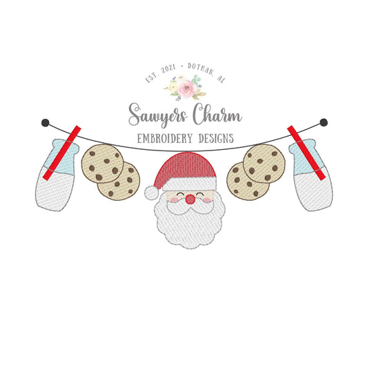 BUNDLE Santa Claus milk & cookies bunting banner with and without bow sketch stitch machine embroidery file, Happy holidays, Merry Christmas