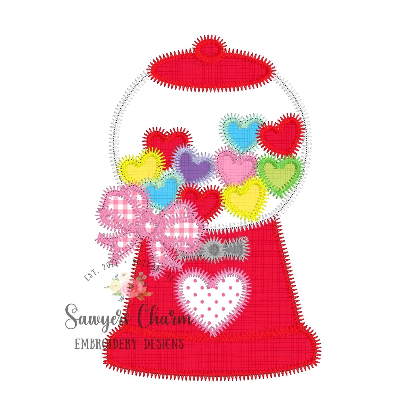 BUNDLE Heart gumball machine with bow zigzag & bean stitch machine applique embroidery design file, Valentine's Day, love, hugs and kisses