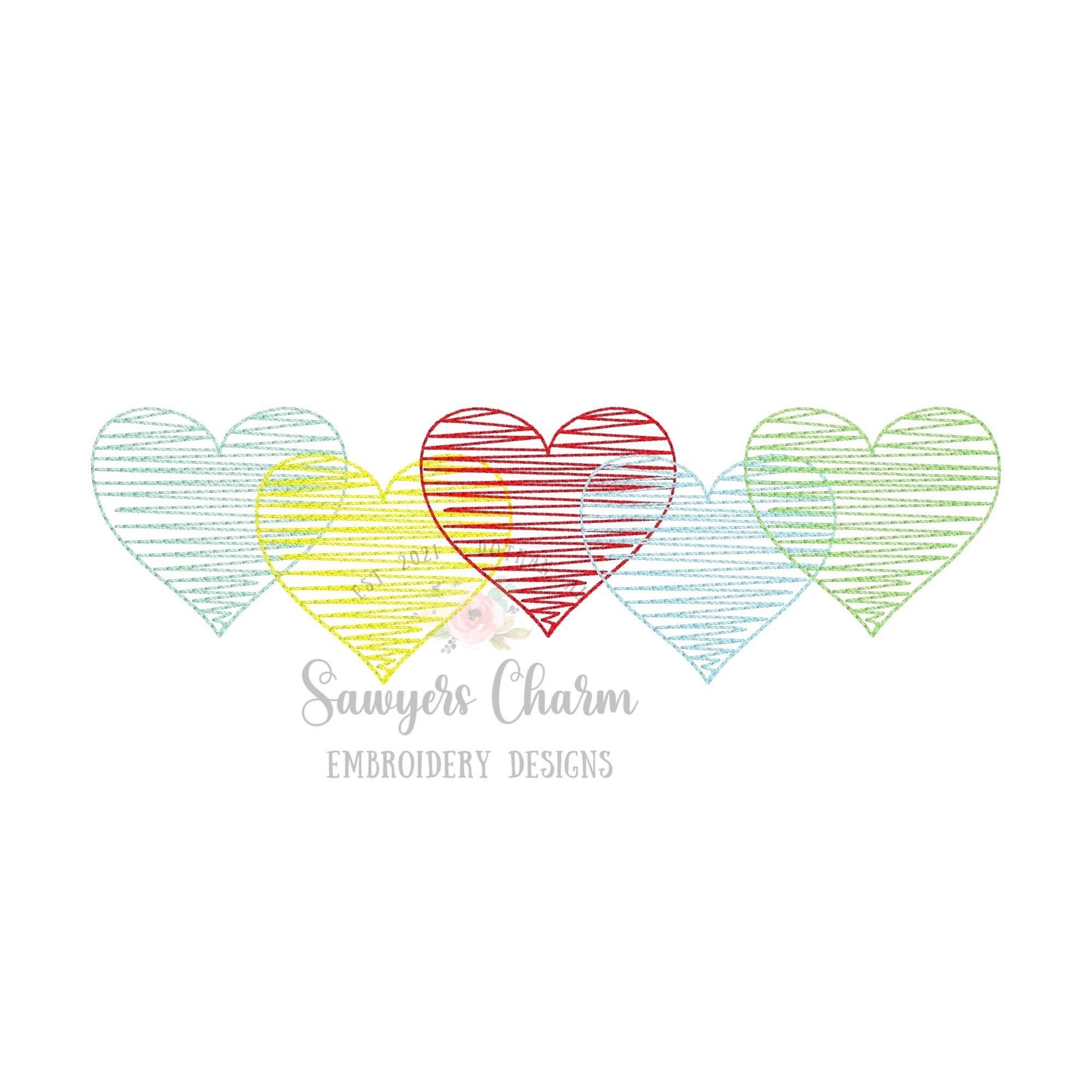 Overlapping squiggly hearts bean stitch machine embroidery design file, quick stitch, Valentine's Day, love, hugs and kisses, scribble