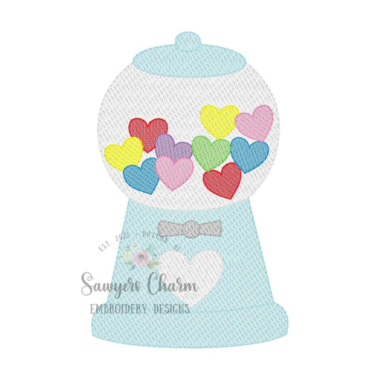 Heart gumball machine sketch stitch embroidery design file, Valentine's Day, love, hugs and kisses, candy hearts, quick stitch