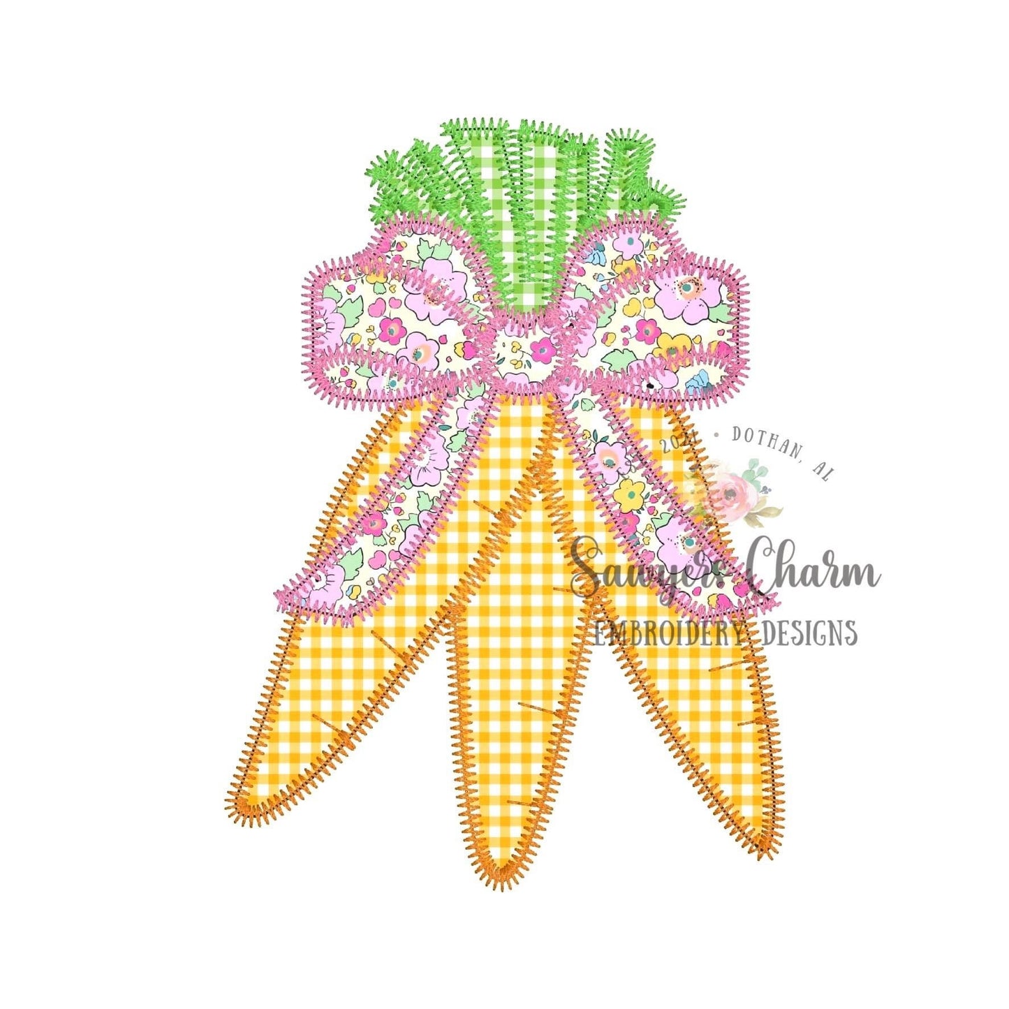 BUNDLE Carrots bunch with bow bean stitch & zigzag applique machine embroidery design file, quick stitch, spring, Easter, garden veggies