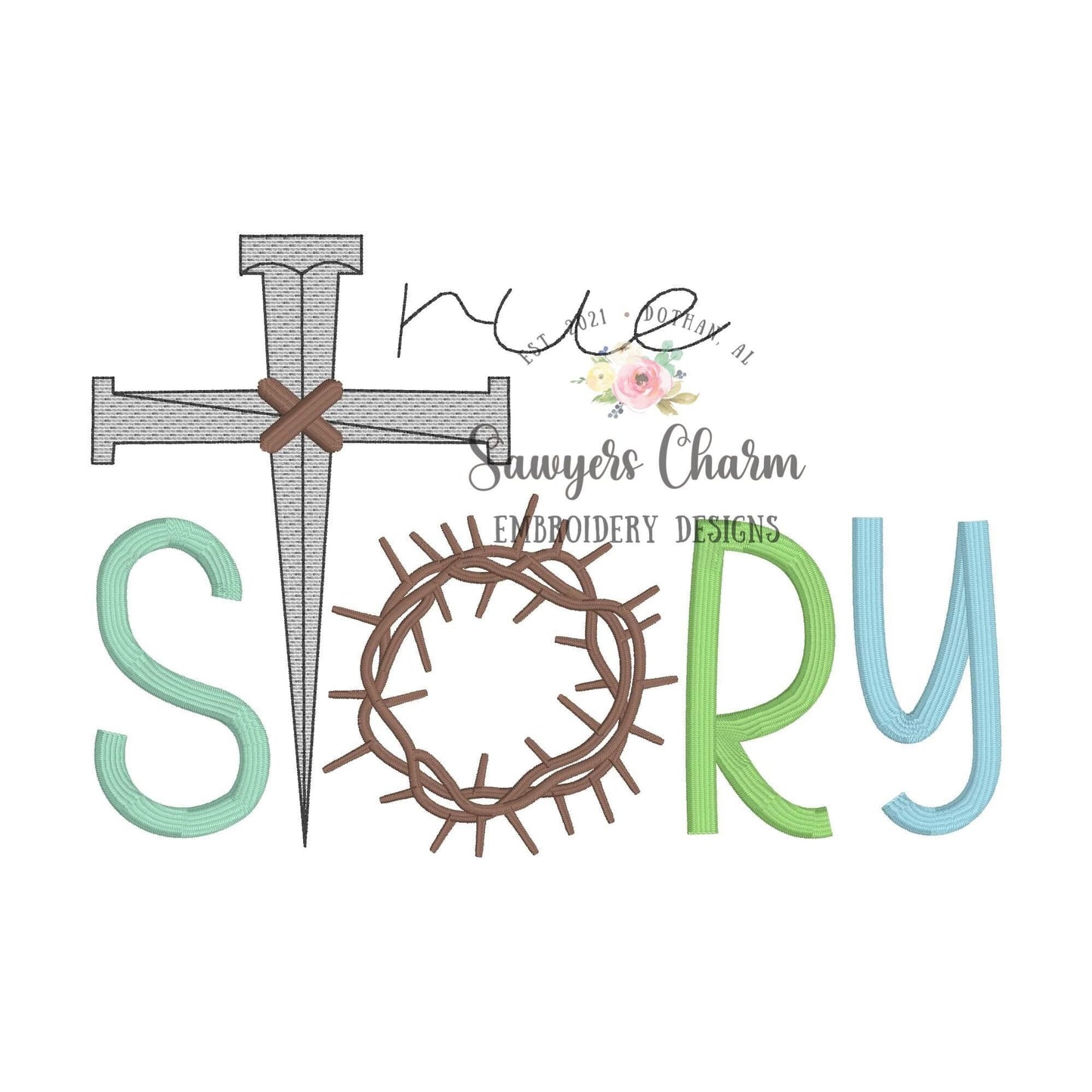 TRUE STORY Crown of thorns, cross & nails sketch stitch machine embroidery design file, satin stitch letters, Easter resurrection, Jesus