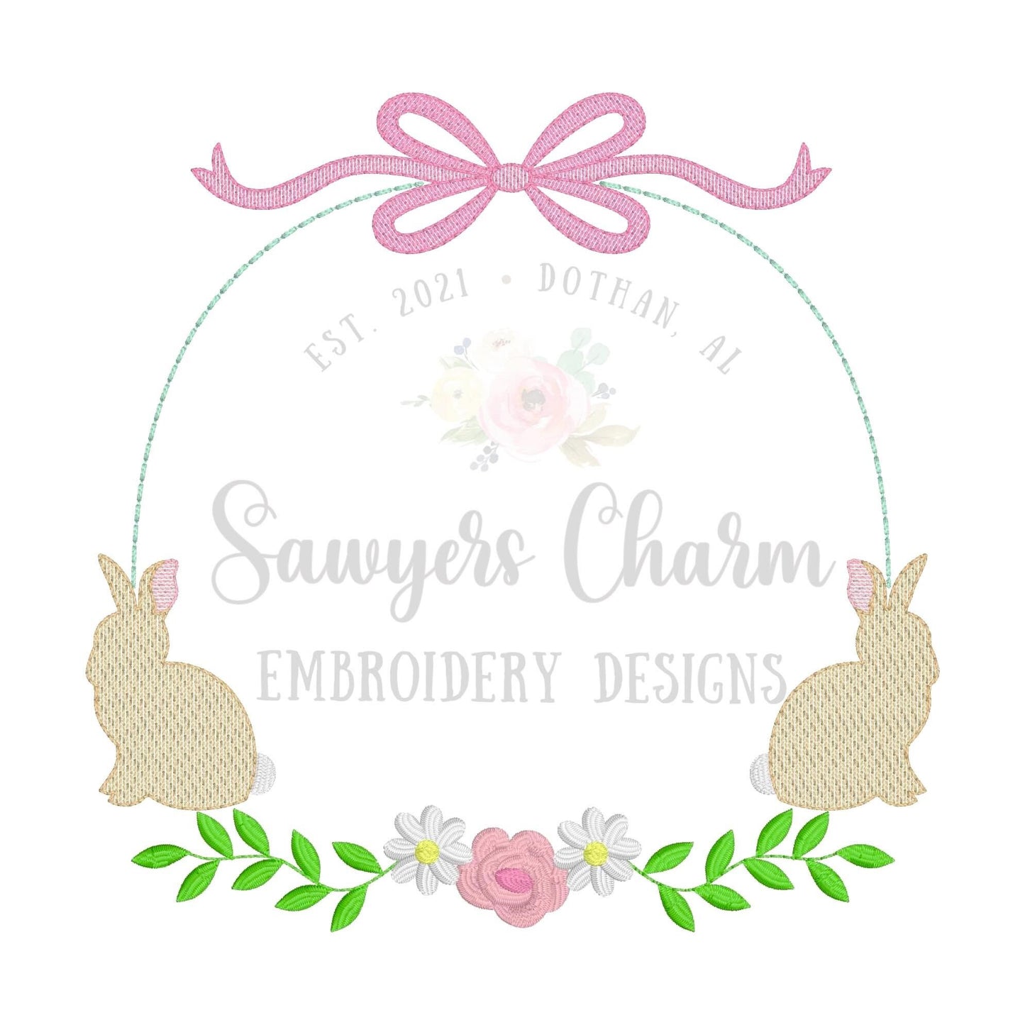 Floral bunny monogram frame with bow, satin stitch/sketch stitch machine embroidery design file, quick stitch, flowers, laurel swag, spring