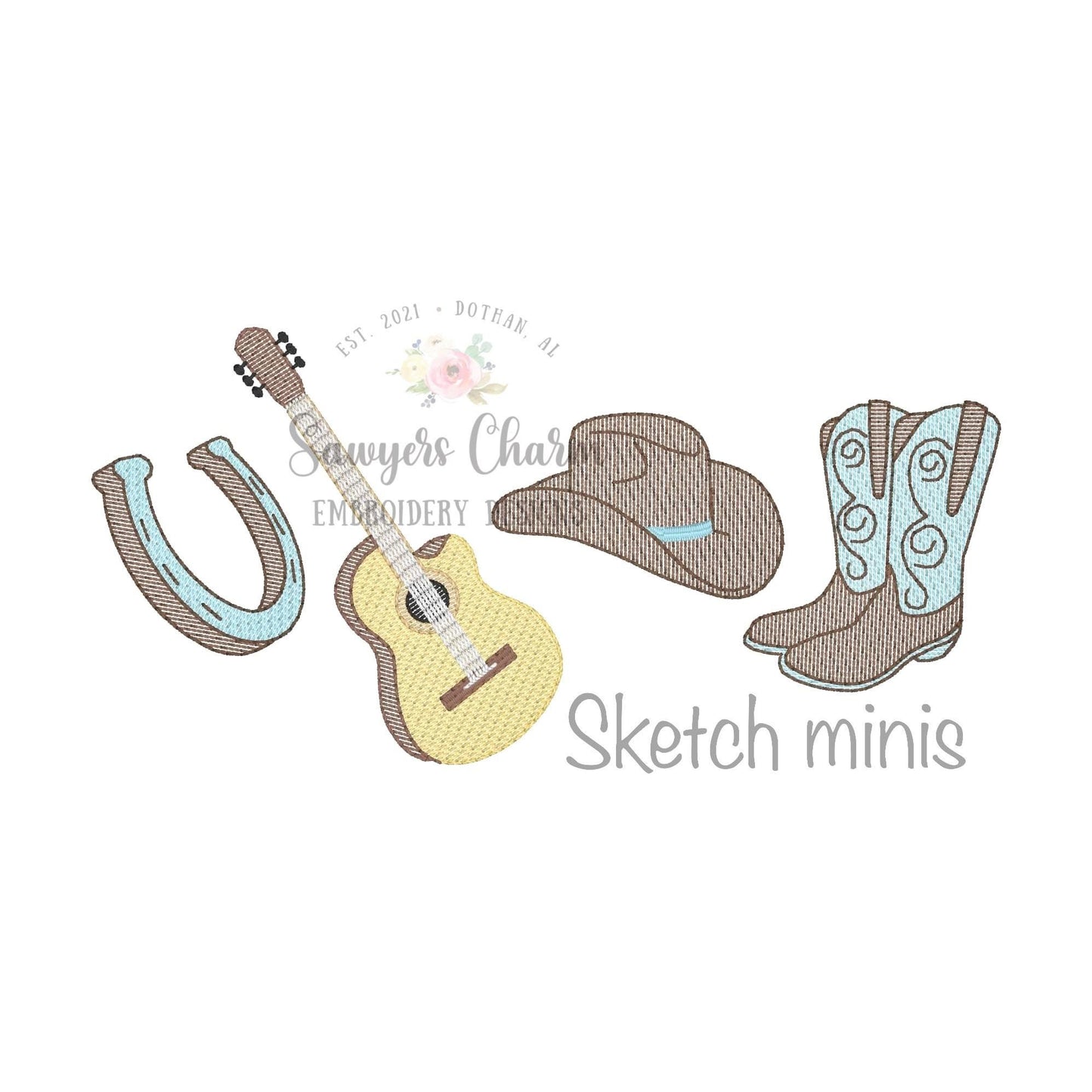 Build your own design Boots, hat, horseshoe, guitar sketch stitch machine embroidery design file, bean stitch, Nashville country music