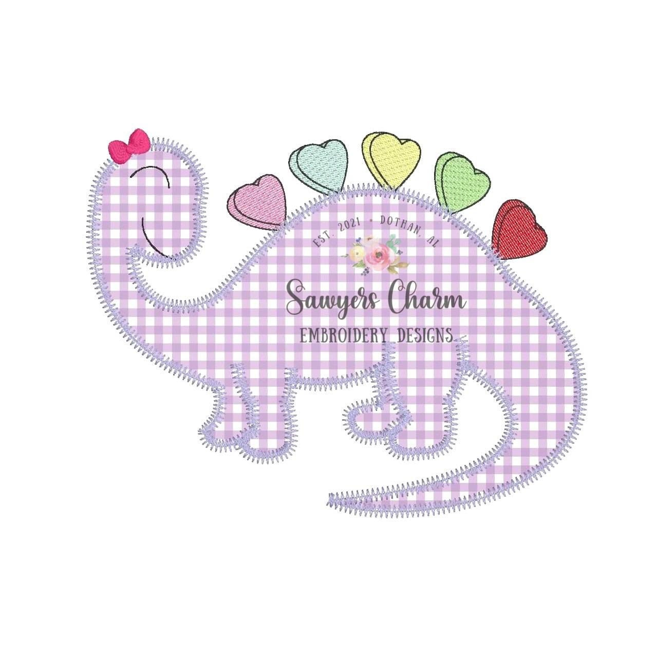 BUNDLE Candy heart dinosaur zigzag and bean stitch machine applique embroidery design file, bow option, quick stitch, Valentine's Day, love