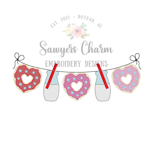 BUNDLE Milk & heart donuts with sprinkles bunting banner with and without bows sketch stitch machine embroidery file, Valentine's Day, love