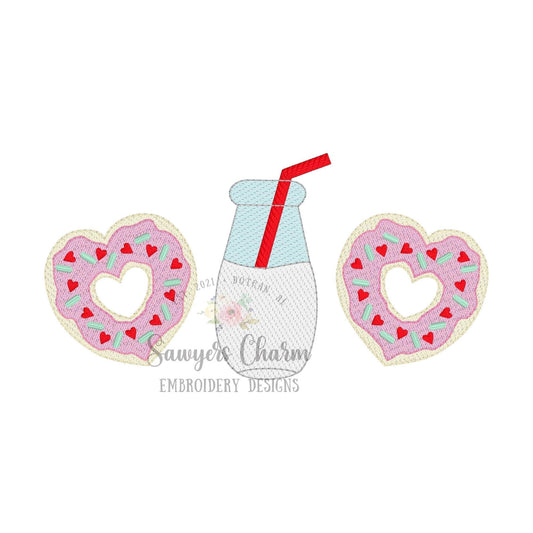 Milk & heart donuts with sprinkles trio sketch stitch machine embroidery file, Valentine's Day, love, XOXO, hugs and kisses, snacks