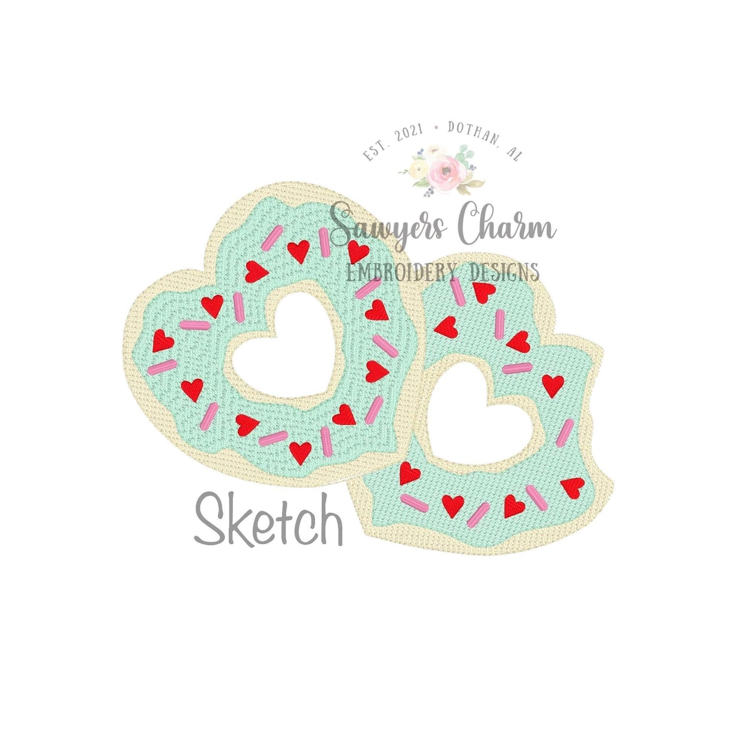 Valentine's Day two heart donuts with sprinkles & bite sketch stitch machine embroidery design file, quick stitch, XOXO love hugs and kisses