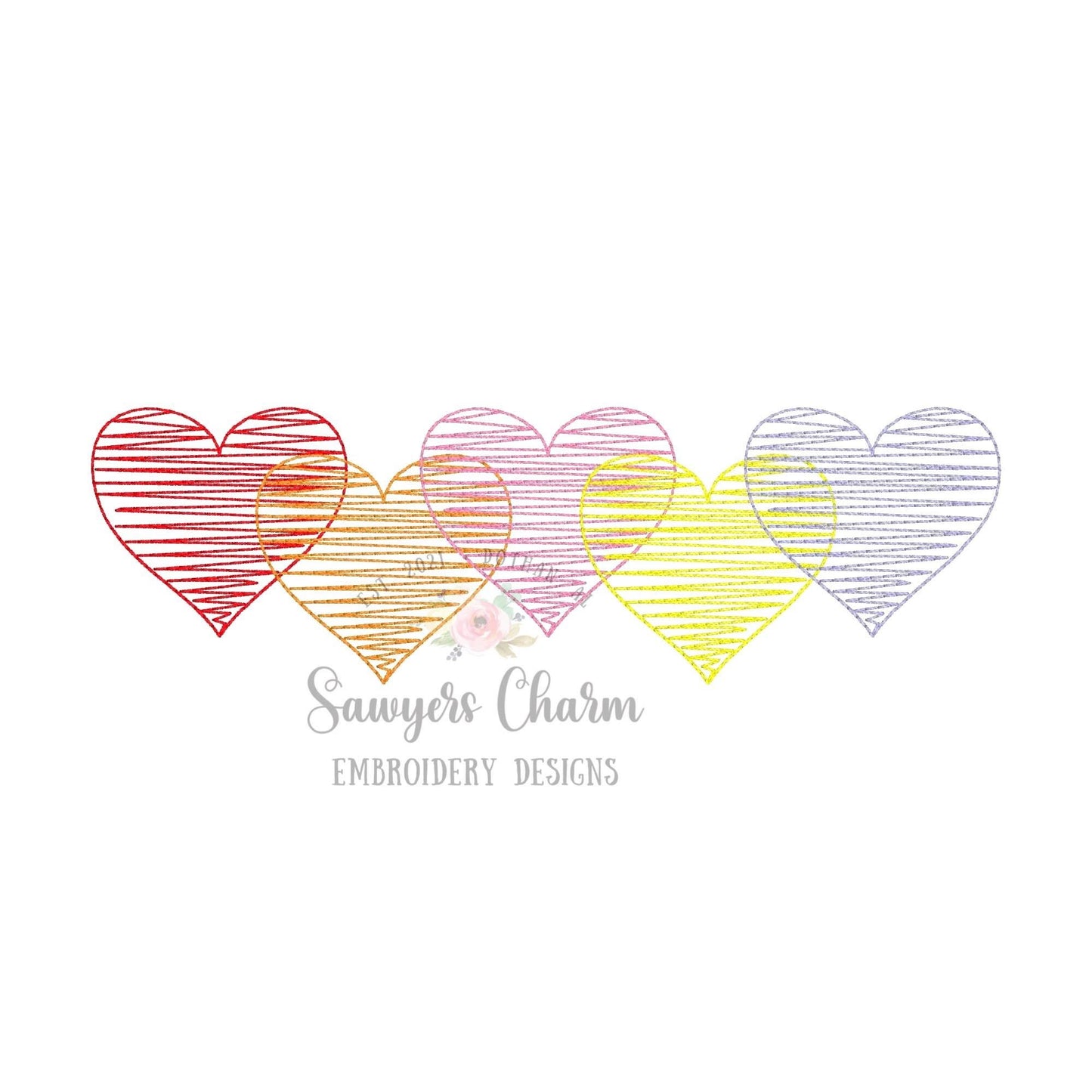 Overlapping squiggly hearts bean stitch machine embroidery design file, quick stitch, Valentine's Day, love, hugs and kisses, scribble