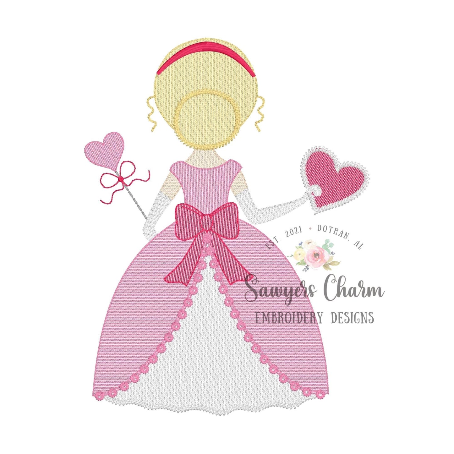 Valentine princess sketch stitch machine embroidery design file, quick stitch, heart, bow, hugs and kisses, magic wand, love