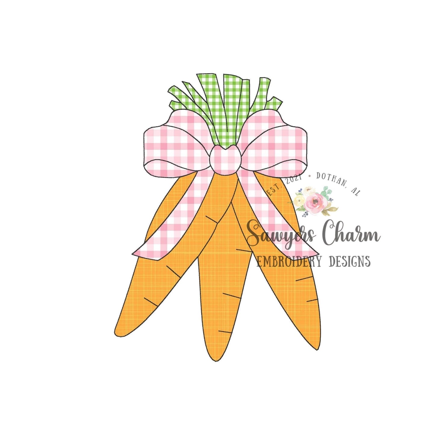 BUNDLE Carrots bunch with bow bean stitch & zigzag applique machine embroidery design file, quick stitch, spring, Easter, garden veggies