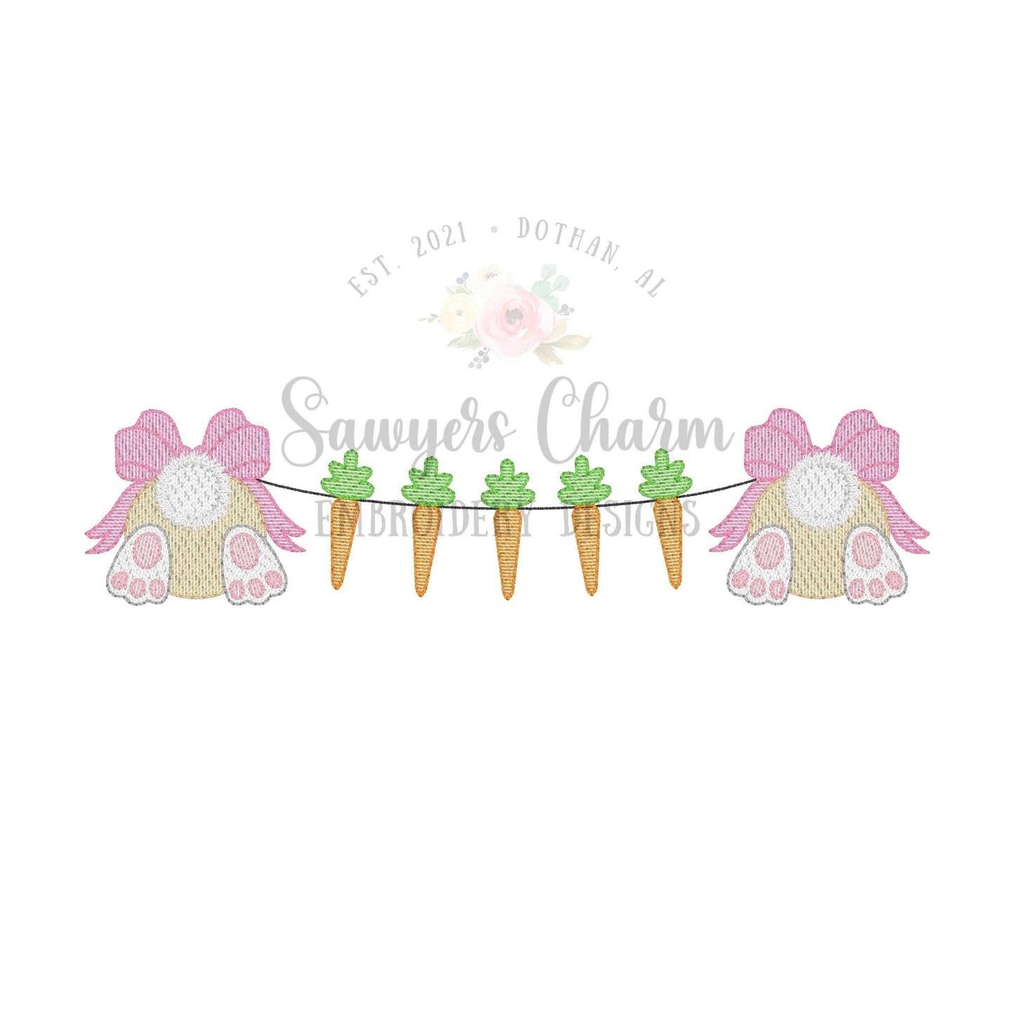 Easter bunny bums with bows & carrots bunting sketch stitch machine embroidery design file, quick stitch, peter cottontail, spring veggies