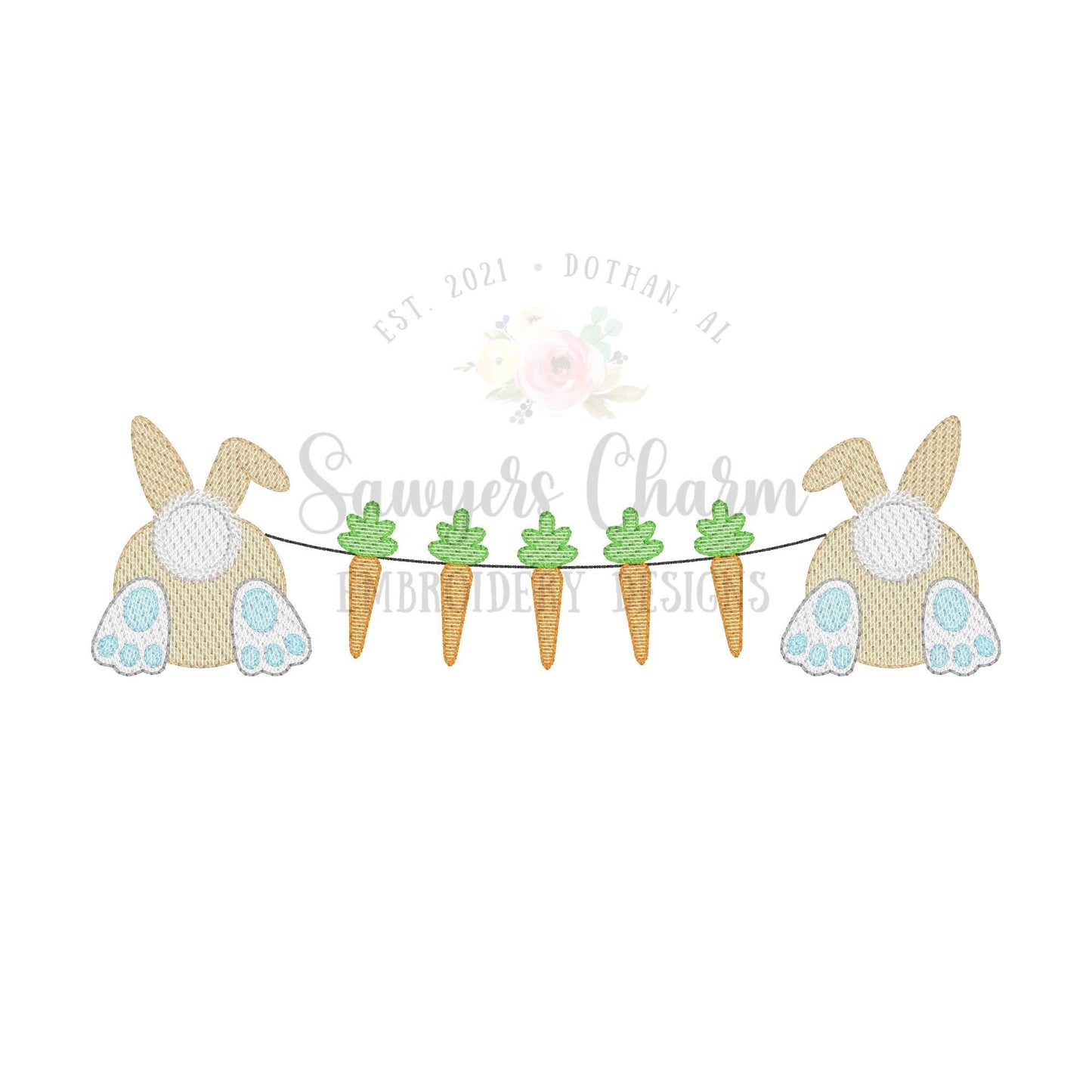 Easter bunny bums with floppy ears & carrots bunting sketch stitch machine embroidery design file, quick stitch, peter cottontail, spring