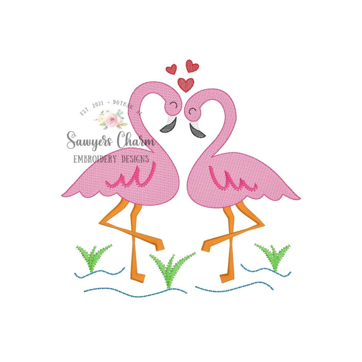 Pair of flamingos with hearts sketch stitch machine embroidery design file, love birds, water, zoo, quick stitch, bean stitch details, xoxo