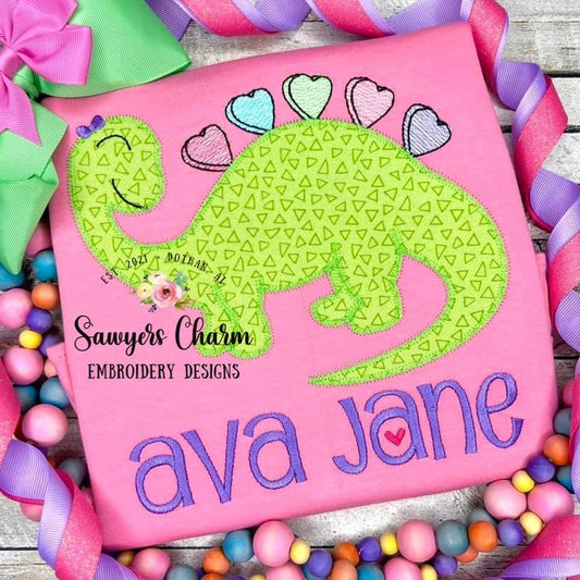 BUNDLE Candy heart dinosaur zigzag and bean stitch machine applique embroidery design file, bow option, quick stitch, Valentine's Day, love