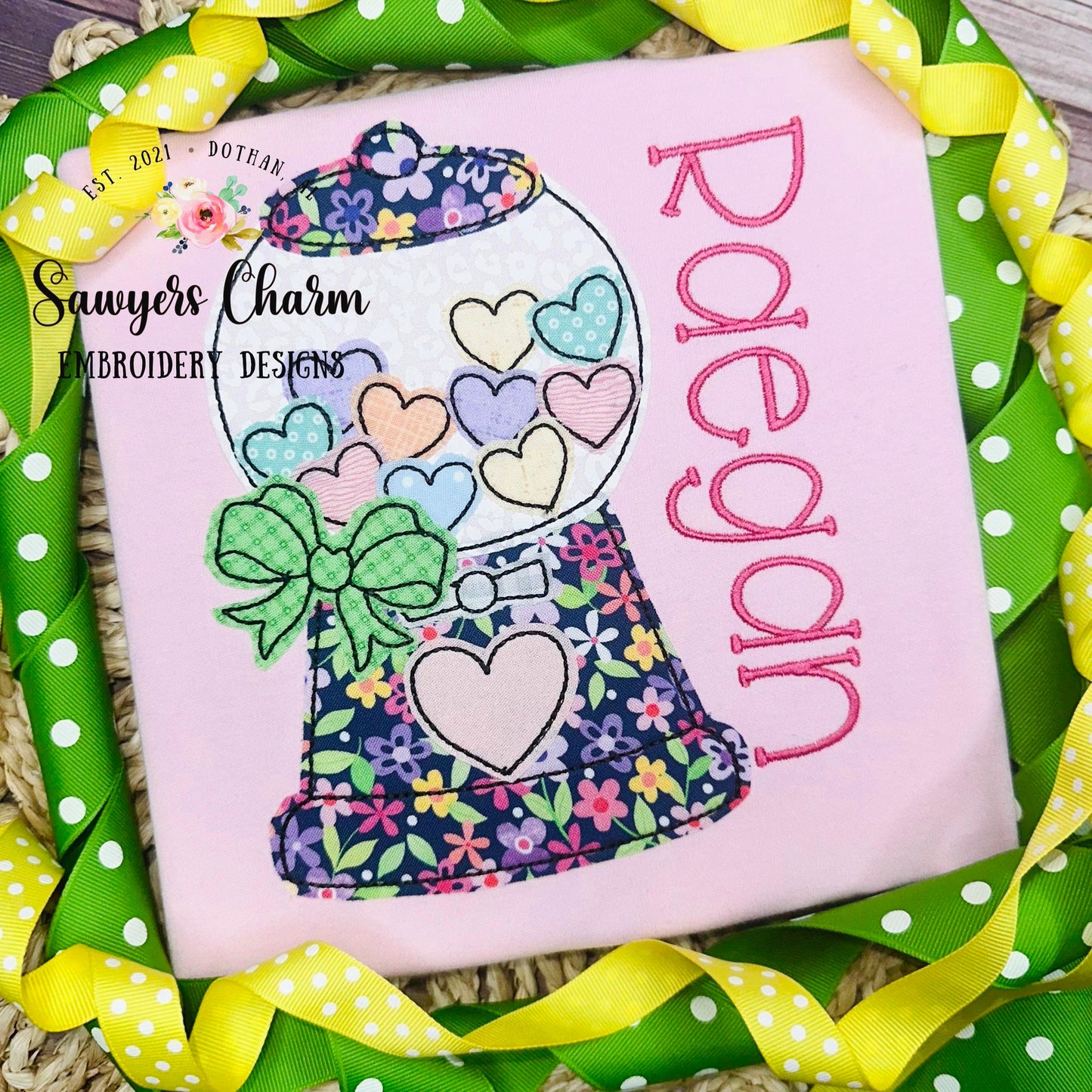 BUNDLE Heart gumball machine with bow zigzag & bean stitch machine applique embroidery design file, Valentine's Day, love, hugs and kisses