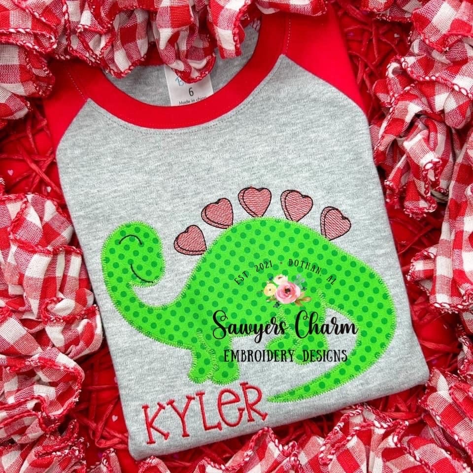 BUNDLE Candy heart dinosaur zigzag and bean stitch machine applique embroidery design file, bow option, quick stitch, Valentine's Day, love