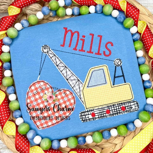 Crane with heart bean stitch machine applique embroidery design file, quick stitch, construction digger truck transportation Valentine's Day