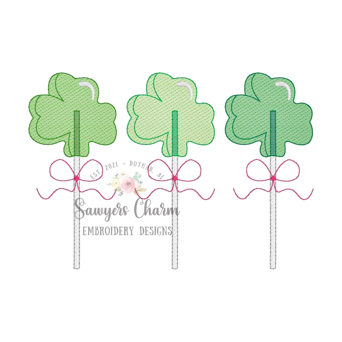 BUNDLE Shamrocks lollipop suckers trio with & without bows sketch stitch machine embroidery design file, St. Patrick's Day, good luck