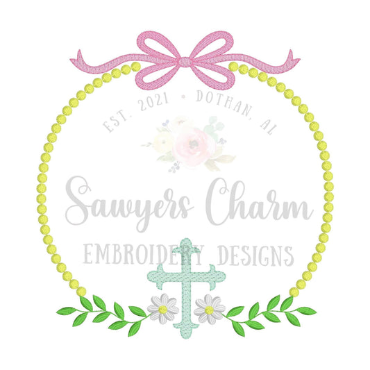 Floral cross monogram frame with bow, satin stitch/sketch stitch machine embroidery design file, quick stitch, flowers, laurel swag, spring