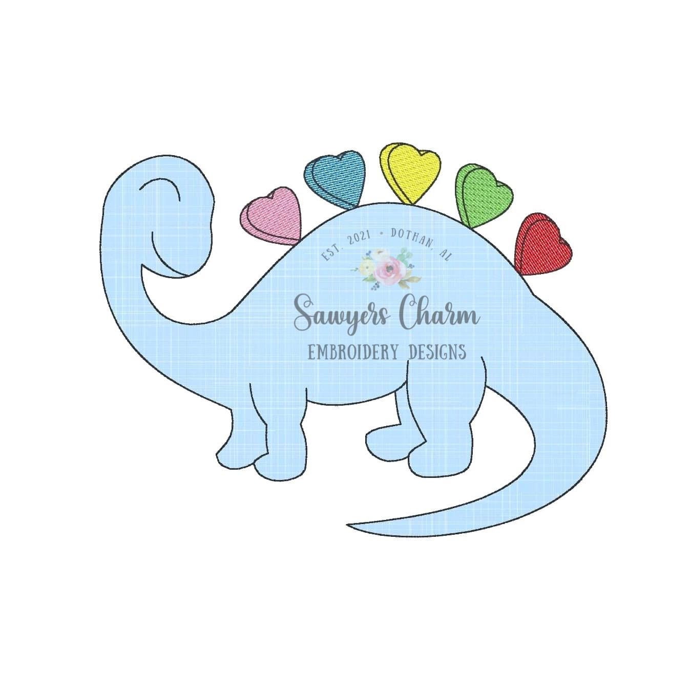 BUNDLE Candy heart dinosaur zigzag and bean stitch machine applique embroidery design file, bow option, quick stitch, Valentine's Day, love