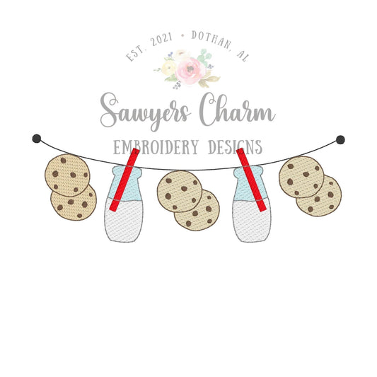 BUNDLE Milk & cookies bunting banner with and without bows sketch stitch machine embroidery file, snacks, chocolate chips, bean stitch