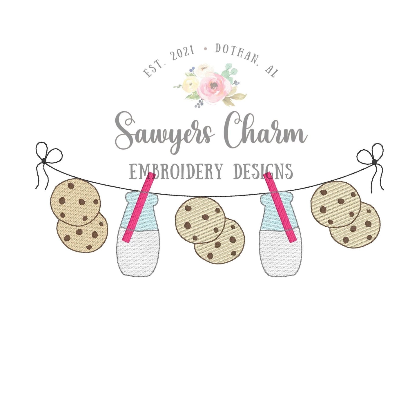 BUNDLE Milk & cookies bunting banner with and without bows sketch stitch machine embroidery file, snacks, chocolate chips, bean stitch