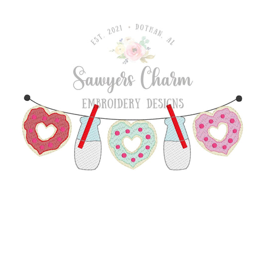 BUNDLE Milk & heart donuts with sprinkles bunting banner with and without bows sketch stitch machine embroidery file, Valentine's Day, love