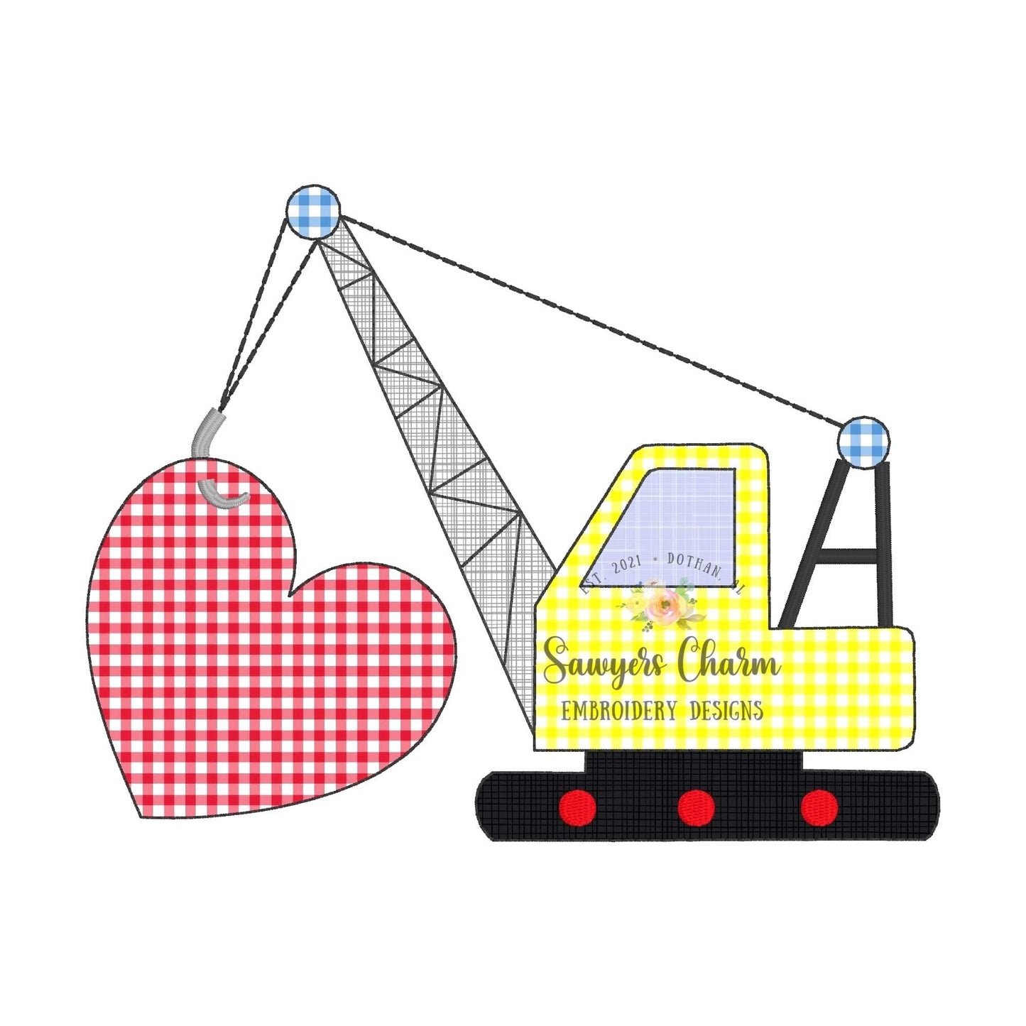 Crane with heart bean stitch machine applique embroidery design file, quick stitch, construction digger truck transportation Valentine's Day